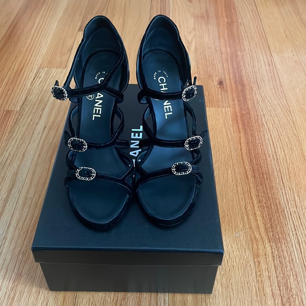 Brand new with box Chanel Black heels with gold trim. Patent and Velour. 37 1/2